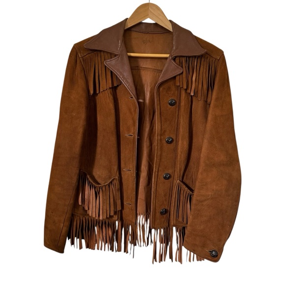 Vintage Brown Fringe Leather Jacket 50s Western Boho Harriswear Womens Medium - Picture 2 of 12